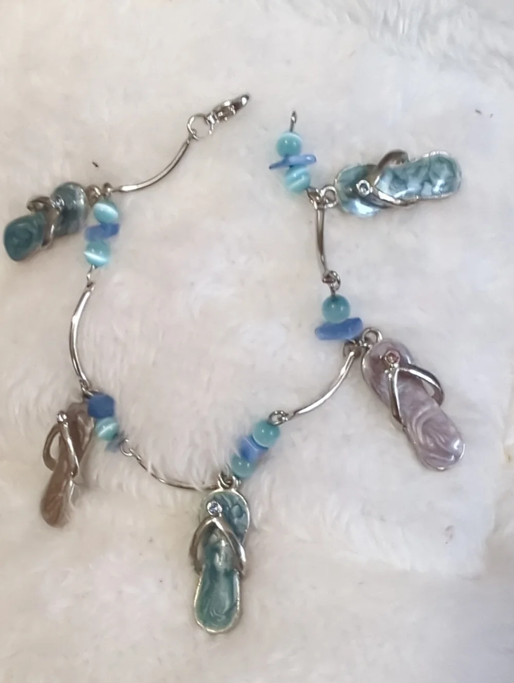 Flip Flop Bracelet Cats Eye Beads Rhinestones Enamel Silver Beach Vacation NWOT